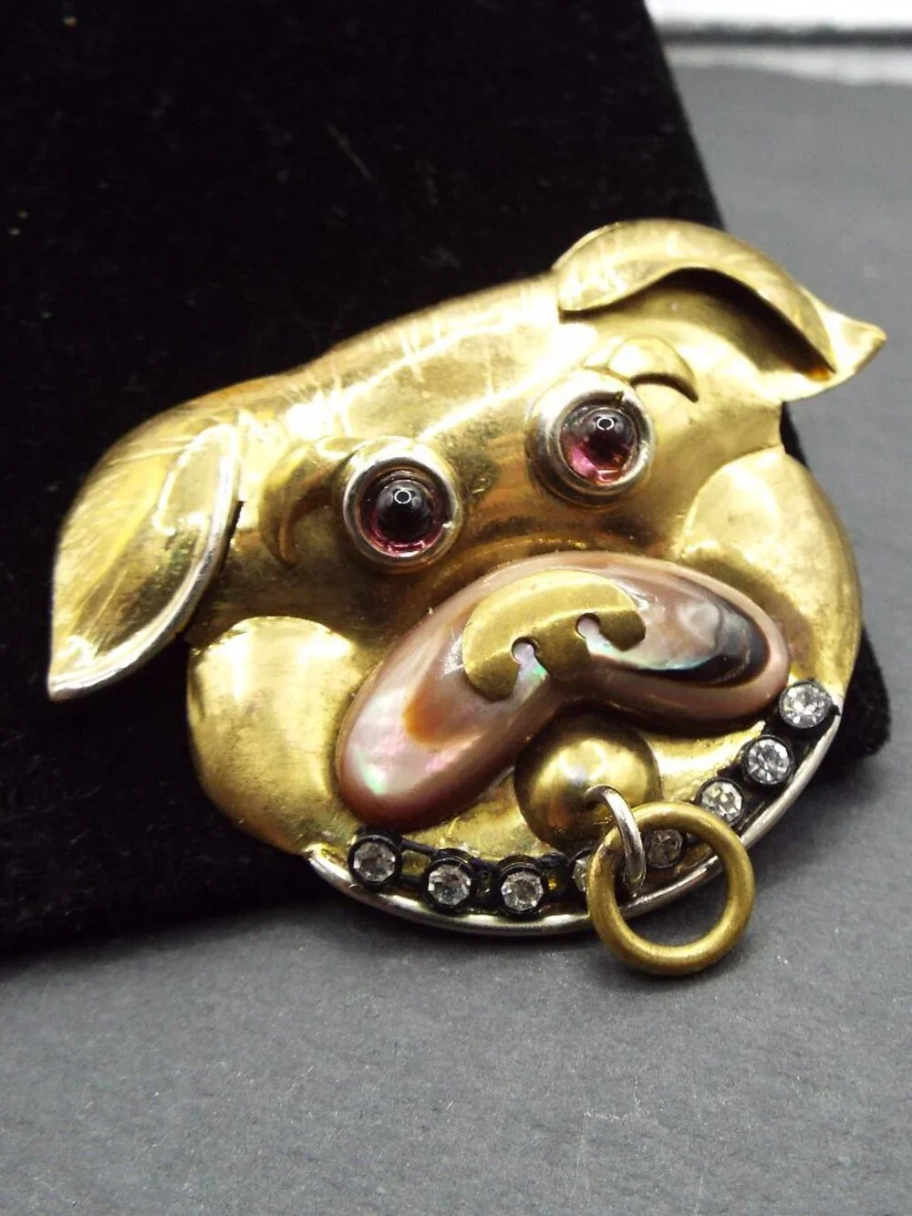 EARLY CARLIN FABRICE PARIS BULLDOG W/ AMETHYST EYES AND ABALONE NOSE PIN 69